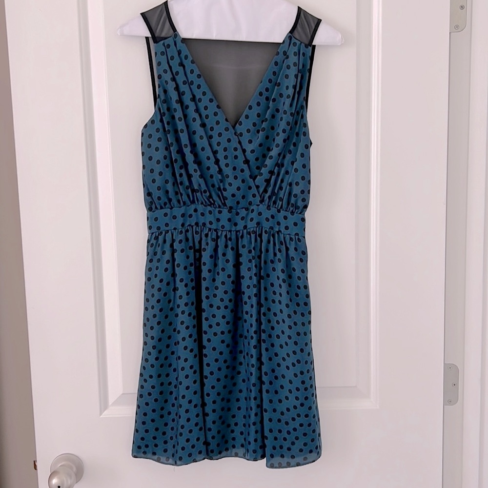 BCBG teal and black silk polka dot dress